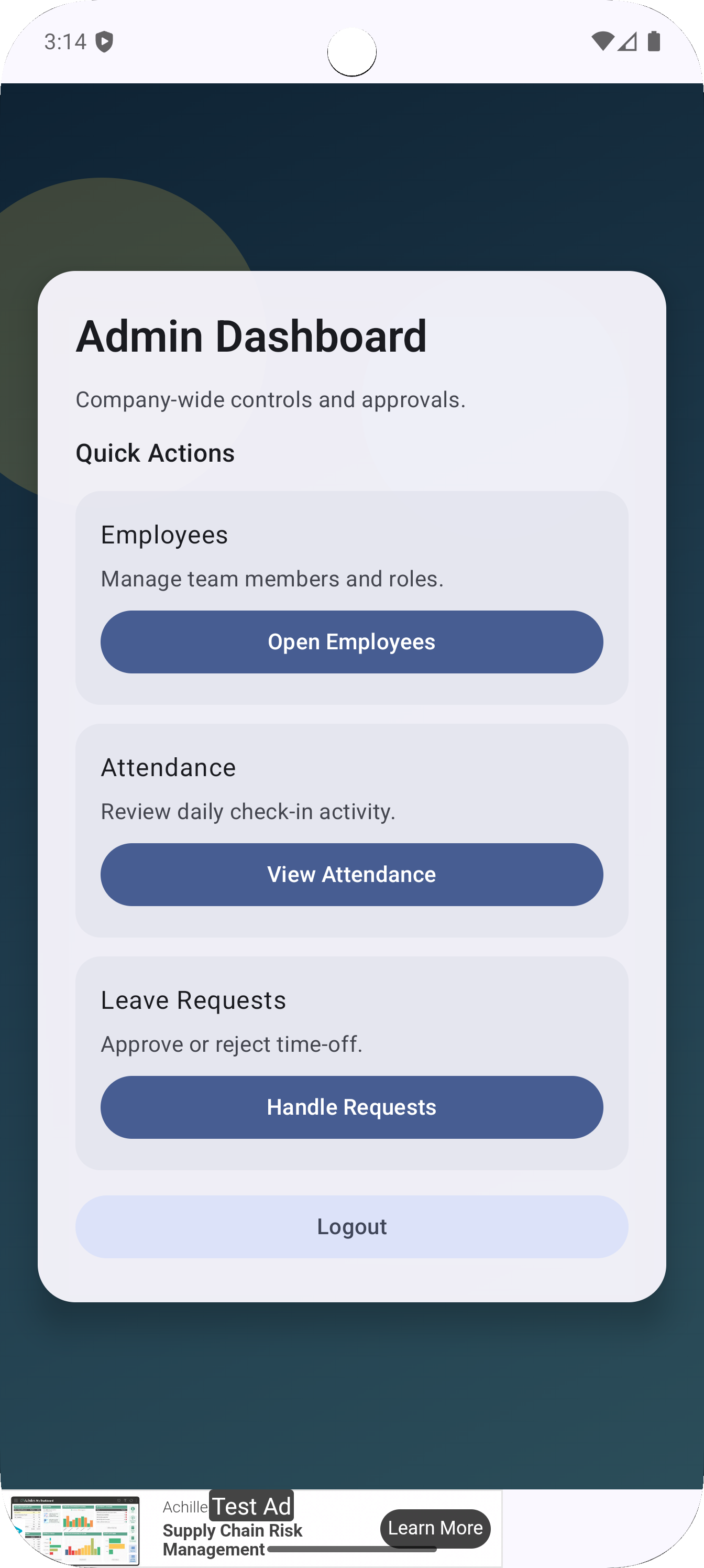 Simple HR System dashboard showing employee attendance and time overview