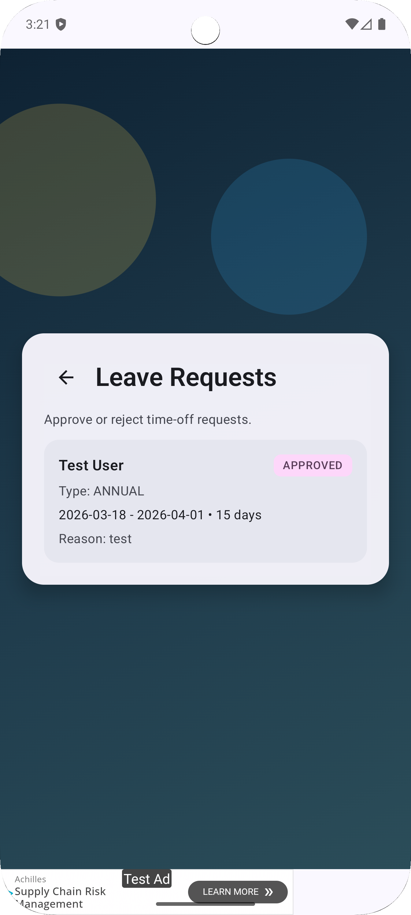 Simple HR System time entry summary screen
